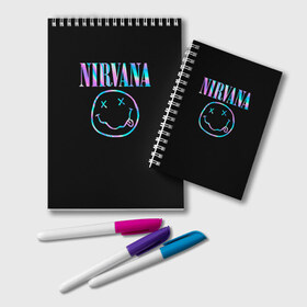 Блокнот с принтом Nirvana(Спина) , 100% бумага | 48 листов, плотность листов — 60 г/м2, плотность картонной обложки — 250 г/м2. Листы скреплены удобной пружинной спиралью. Цвет линий — светло-серый
 | nirvana | гитара | голограмма | кобейн | курт | курт кобейн | музыка | неон | нирвана | рок | смайл