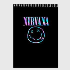 Скетчбук с принтом Nirvana(Спина) , 100% бумага
 | 48 листов, плотность листов — 100 г/м2, плотность картонной обложки — 250 г/м2. Листы скреплены сверху удобной пружинной спиралью | nirvana | гитара | голограмма | кобейн | курт | курт кобейн | музыка | неон | нирвана | рок | смайл