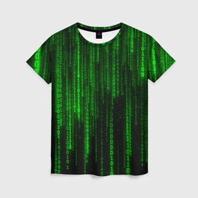 Женская футболка 3D с принтом Матрица код цифры программист , 100% полиэфир ( синтетическое хлопкоподобное полотно) | прямой крой, круглый вырез горловины, длина до линии бедер | бинарный код | веб | вирус | всемирная паутина | двоичный код | зеленый | интернет | информация | кибер | код | кодер | кодирование | матрица | наука | олдскул | по | программирование
