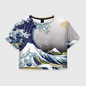 Женская футболка Crop-top 3D с принтом The great wave off kanagawa , 100% полиэстер | круглая горловина, длина футболки до линии талии, рукава с отворотами | the great wave off kanagawa | большая волна | большая волна в канагаве | волна | гора | исккуство | канагава | картина | кацусика хокусай | молочный | серый | япония