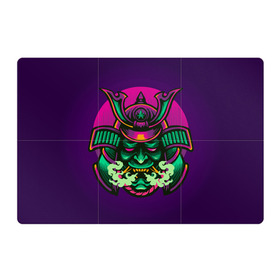 Магнитный плакат 3Х2 с принтом Маска Хання (Ханья) , Полимерный материал с магнитным слоем | 6 деталей размером 9*9 см | воин | доспехи | дым | закат | иероглифы | изумрудная | китай | маска | неон | неоновая | разноцветная | фиолетовая | хання | ханья | япония