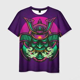Мужская футболка 3D с принтом Маска Хання (Ханья) , 100% полиэфир | прямой крой, круглый вырез горловины, длина до линии бедер | воин | доспехи | дым | закат | иероглифы | изумрудная | китай | маска | неон | неоновая | разноцветная | фиолетовая | хання | ханья | япония