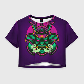 Женская футболка Crop-top 3D с принтом Маска Хання (Ханья) , 100% полиэстер | круглая горловина, длина футболки до линии талии, рукава с отворотами | воин | доспехи | дым | закат | иероглифы | изумрудная | китай | маска | неон | неоновая | разноцветная | фиолетовая | хання | ханья | япония