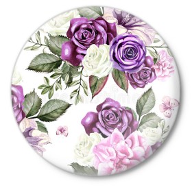 Значок с принтом Красивые розы ,  металл | круглая форма, металлическая застежка в виде булавки | белые розы | белый | необычные | розовый | розы | синие розы | синий | фиолетовые розы | фиолетовый | цветы