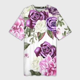 Платье-футболка 3D с принтом Красивые розы ,  |  | белые розы | белый | необычные | розовый | розы | синие розы | синий | фиолетовые розы | фиолетовый | цветы