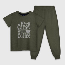 Детская пижама хлопок с принтом Keep calm with coffee , 100% хлопок |  брюки и футболка прямого кроя, без карманов, на брюках мягкая резинка на поясе и по низу штанин
 | Тематика изображения на принте: coffee | keep calm | ароматный | бодрящий | горячий | кофе | кофеек | кофейная | кофеман | кофи | крепкие | крепкий | нервы | с кофе | с утра | сохраняй спокойствие | успокаивает | утренний | утро | чашка
