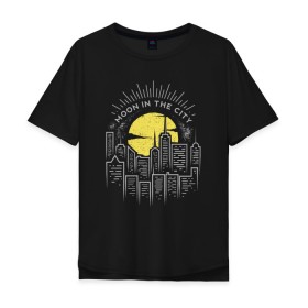 Мужская футболка хлопок Oversize с принтом Луна в городе , 100% хлопок | свободный крой, круглый ворот, “спинка” длиннее передней части | city | in the city | moon | night | retro | urban | vintage | в городе | винтаж | восход | город | городской пейзаж | желтое | закат | круглая | круглое | луна | ночной город | ночь | рассвет | ретро | солнце | урбанистика | урб