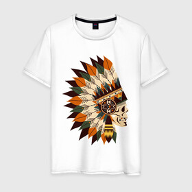 Мужская футболка хлопок с принтом Индейские мотивы , 100% хлопок | прямой крой, круглый вырез горловины, длина до линии бедер, слегка спущенное плечо. | арт | индеец | индейцы | перо | перья | стрела стрелы | сша | череп | черепа