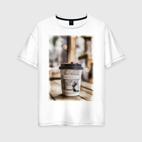 Женская футболка хлопок Oversize с принтом Coffee Pnada , 100% хлопок | свободный крой, круглый ворот, спущенный рукав, длина до линии бедер
 | coffee | morning | panda | кефе | панда | стаканчик | утро