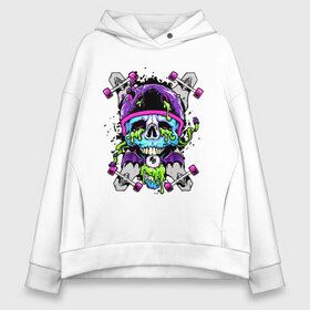 Женское худи Oversize хлопок с принтом Crazy skull , френч-терри — 70% хлопок, 30% полиэстер. Мягкий теплый начес внутри —100% хлопок | боковые карманы, эластичные манжеты и нижняя кромка, капюшон на магнитной кнопке | bat | eye | grin | helmet | jaw | orbits | skateboard | skull | teeth | wings | глаз | глазницы | зубы | крылья | летучая мышь | оскал | пасть | скейтборд | череп | шлем