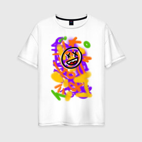 Женская футболка хлопок Oversize с принтом Граффити смайлик , 100% хлопок | свободный крой, круглый ворот, спущенный рукав, длина до линии бедер
 | emoji | граффити | краска | разноцветная | смайл | смайлик | улыбка | урбан | эмоции | яркая