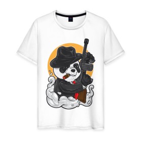 Мужская футболка хлопок с принтом Panda Gangster , 100% хлопок | прямой крой, круглый вырез горловины, длина до линии бедер, слегка спущенное плечо. | Тематика изображения на принте: art | automatic | bandit | gangster | panda | weapons | автомат | арт | бандит | гангстер | оружие | панда