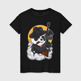 Женская футболка хлопок с принтом Panda Gangster , 100% хлопок | прямой крой, круглый вырез горловины, длина до линии бедер, слегка спущенное плечо | Тематика изображения на принте: art | automatic | bandit | gangster | panda | weapons | автомат | арт | бандит | гангстер | оружие | панда