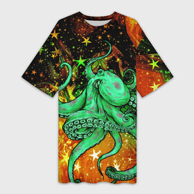 Платье-футболка 3D с принтом Cosmo Octopus ,  |  | cosmo | kraken | medusa | meduza | ocean | octopus | pirates | арт | ван | гог | звезды | искусство | картина | космос | кракен | красочный | медуза | море | океан | осьминог | пираты | принт | стиль