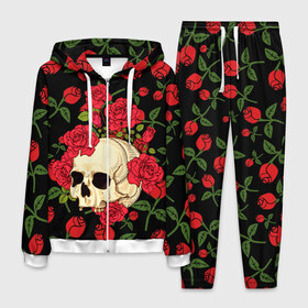 Мужской костюм 3D с принтом Skull Roses , 100% полиэстер | Манжеты и пояс оформлены тканевой резинкой, двухслойный капюшон со шнурком для регулировки, карманы спереди | Тематика изображения на принте: rose | roses | анатомия | белая | белое | гот | косплей | кости | кость | костюм | красочная | пират | пираты | подарок | прикольная | роза | светлая | стиль | темная | тренд | чб | череп | черепа | черепушки