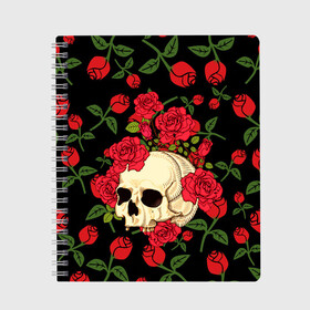 Тетрадь с принтом Skull Roses , 100% бумага | 48 листов, плотность листов — 60 г/м2, плотность картонной обложки — 250 г/м2. Листы скреплены сбоку удобной пружинной спиралью. Уголки страниц и обложки скругленные. Цвет линий — светло-серый
 | Тематика изображения на принте: rose | roses | анатомия | белая | белое | гот | косплей | кости | кость | костюм | красочная | пират | пираты | подарок | прикольная | роза | светлая | стиль | темная | тренд | чб | череп | черепа | черепушки