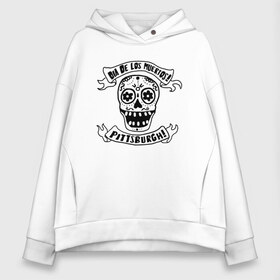 Женское худи Oversize хлопок с принтом Dia de los muertos , френч-терри — 70% хлопок, 30% полиэстер. Мягкий теплый начес внутри —100% хлопок | боковые карманы, эластичные манжеты и нижняя кромка, капюшон на магнитной кнопке | eyes | flowers | jaw | orbits | pittsburgh | ribbon | skull | teeth | глазницы | лента | пасть | цветы | череп