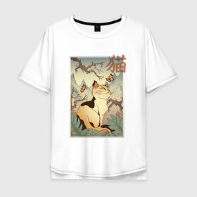 Мужская футболка хлопок Oversize с принтом Кот в японском стиле , 100% хлопок | свободный крой, круглый ворот, “спинка” длиннее передней части | hokusai | kanji | picture | poster | в стиле | видами | горы | деревья | искусство | кандзи | картина | кот | котейка | котенок | котэ | котята | кошечка | кошка | красотами | любуется | пейзаж | постер | стиль | фреска