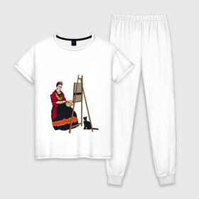 Женская пижама хлопок с принтом Фрида за мольбертом , 100% хлопок | брюки и футболка прямого кроя, без карманов, на брюках мягкая резинка на поясе и по низу штанин | artist | frida kahlo | фрида | фрида кало | художница