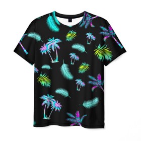 Мужская футболка 3D с принтом Tropiki , 100% полиэфир | прямой крой, круглый вырез горловины, длина до линии бедер | брызги красок | кокос | космос | краска | летняя ночь | лето | лист пальмы | неон | неоновая пальма | пальма | перо | пляж