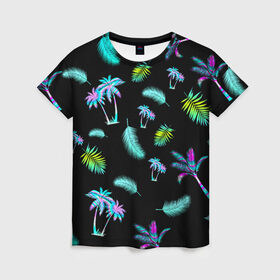 Женская футболка 3D с принтом Tropiki , 100% полиэфир ( синтетическое хлопкоподобное полотно) | прямой крой, круглый вырез горловины, длина до линии бедер | брызги красок | кокос | космос | краска | летняя ночь | лето | лист пальмы | неон | неоновая пальма | пальма | перо | пляж