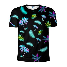Мужская футболка 3D спортивная с принтом Tropiki , 100% полиэстер с улучшенными характеристиками | приталенный силуэт, круглая горловина, широкие плечи, сужается к линии бедра | Тематика изображения на принте: брызги красок | кокос | космос | краска | летняя ночь | лето | лист пальмы | неон | неоновая пальма | пальма | перо | пляж