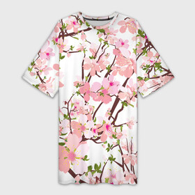 Платье-футболка 3D с принтом Сакура | Sakura ,  |  | flower | flowers | pink | rose | sakura | девочке | девушке | красивая | парню | подарок | прикольная | приятная | роза | розовая | сакура | текстура | цветок | цветочки | цветы