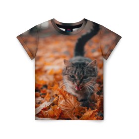 Детская футболка 3D с принтом мяукающий кот осенние листья , 100% гипоаллергенный полиэфир | прямой крой, круглый вырез горловины, длина до линии бедер, чуть спущенное плечо, ткань немного тянется | золотая осень | кот | кошка | крик | листва | листья | мяу | мяукает | осень | сезон | уличный котейка
