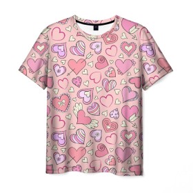 Мужская футболка 3D с принтом Сердечки разные , 100% полиэфир | прямой крой, круглый вырез горловины, длина до линии бедер | Тематика изображения на принте: blue | flower | flowers | love | love is | loves | pink | rose | бабочка | бабочки | голубая | девочке | девушке | красивая | мода | парню | подарок | приятная | роза | розовая | сердечки | сердце | текстура | тренд | цветок
