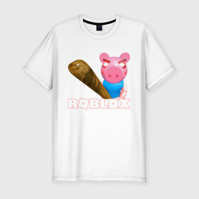 Мужская футболка хлопок Slim с принтом Roblox piggy/Свинка Пигги. , 92% хлопок, 8% лайкра | приталенный силуэт, круглый вырез ворота, длина до линии бедра, короткий рукав | game | pig | roblox piggy | игры | ммо | роблокс | свинка пигги | свинка роблокс | свинья из роблокс