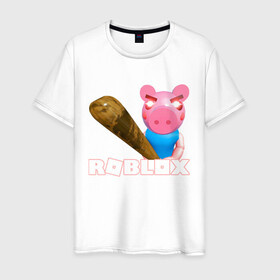 Мужская футболка хлопок с принтом Roblox piggy/Свинка Пигги. , 100% хлопок | прямой крой, круглый вырез горловины, длина до линии бедер, слегка спущенное плечо. | game | pig | roblox piggy | игры | ммо | роблокс | свинка пигги | свинка роблокс | свинья из роблокс