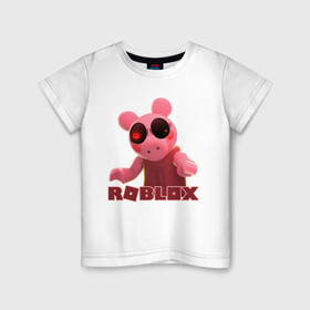 Детская футболка хлопок с принтом Roblox piggy/Свинка Пигги. , 100% хлопок | круглый вырез горловины, полуприлегающий силуэт, длина до линии бедер | game | gamer | logo | minecraft | piggi | roblox | simulator | игра | конструктор | лого | пигги | свинья | симулятор | строительство | фигура
