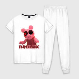 Женская пижама хлопок с принтом Roblox piggy Свинка Пигги , 100% хлопок | брюки и футболка прямого кроя, без карманов, на брюках мягкая резинка на поясе и по низу штанин | game | gamer | logo | minecraft | piggi | roblox | simulator | игра | конструктор | лого | пигги | свинья | симулятор | строительство | фигура