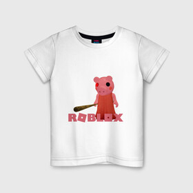 Детская футболка хлопок с принтом ROBLOX: PIGGI. , 100% хлопок | круглый вырез горловины, полуприлегающий силуэт, длина до линии бедер | game | gamer | logo | minecraft | piggi | roblox | simulator | игра | конструктор | лого | пигги | свинья | симулятор | строительство | фигура