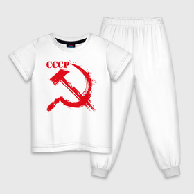 Детская пижама хлопок с принтом СССР , 100% хлопок |  брюки и футболка прямого кроя, без карманов, на брюках мягкая резинка на поясе и по низу штанин
 | ussr | герб | звезда | коммунист | комсомол | кпсс | красный | ленин | лого | логотип | молот | надпись | патриот | республик | ретро | рсфср | серп | символ | снг | советский | советских | социалистических