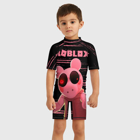 Детский купальный костюм 3D с принтом Roblox piggy Свинка Пигги. , Полиэстер 85%, Спандекс 15% | застежка на молнии на спине | game | gamer | logo | minecraft | piggi | roblox | simulator | игра | конструктор | лого | пигги | свинья | симулятор | строительство | фигура