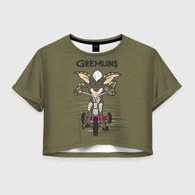 Женская футболка Crop-top 3D с принтом Gremlin on a bike , 100% полиэстер | круглая горловина, длина футболки до линии талии, рукава с отворотами | Тематика изображения на принте: gizmo | gremlins | mogwai | vdzajul | гизмо | гремлины | магвай