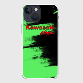 Чехол для iPhone 13 mini с принтом Kawasaki ,  |  | kawasaki | moto | ninja | брызги | дорога | кавасаки | краска | мотоцикл | надпись | неон | ниндзя | паутина | скорость | текстура