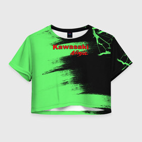Женская футболка Crop-top 3D с принтом Kawasaki , 100% полиэстер | круглая горловина, длина футболки до линии талии, рукава с отворотами | kawasaki | moto | ninja | брызги | дорога | кавасаки | краска | мотоцикл | надпись | неон | ниндзя | паутина | скорость | текстура