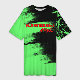 Платье-футболка 3D с принтом Kawasaki ,  |  | kawasaki | moto | ninja | брызги | дорога | кавасаки | краска | мотоцикл | надпись | неон | ниндзя | паутина | скорость | текстура