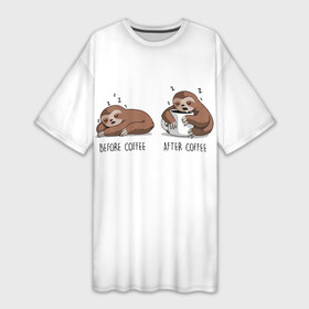 Платье-футболка 3D с принтом Ленивец Coffee ,  |  | animal | coffee | need | sleep | животные | кавай | кити | котенок | котик | котики | кофе | кофеман | ленивец | лень | милый | панда | работа | спать