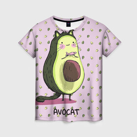 Женская футболка 3D с принтом Авокадо Кот , 100% полиэфир ( синтетическое хлопкоподобное полотно) | прямой крой, круглый вырез горловины, длина до линии бедер | авокадо | авокадо фон | авокот | авокотик | арт авокадо | кот | котик