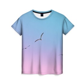 Женская футболка 3D с принтом чайки птицы полет градиент , 100% полиэфир ( синтетическое хлопкоподобное полотно) | прямой крой, круглый вырез горловины, длина до линии бедер | градиент | закат | минимализм | небо | полет | природа | просто | птицы | рассвет | чайки