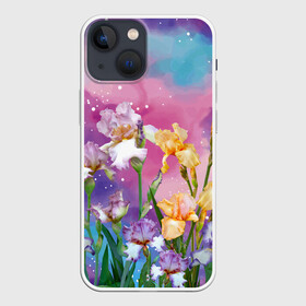 Чехол для iPhone 13 mini с принтом Сказочные Ирисы ,  |  | pink | summer | бабочки | бутоны | ветки | женщинам | звезды | ирисы | лепестки | летний | лето | листья | любовь | март | небо | облака | подарок | поляна | природа | радуга | растения | сад | тропика | цветение