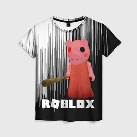 Женская футболка 3D с принтом Roblox piggy/Свинка Пигги. , 100% полиэфир ( синтетическое хлопкоподобное полотно) | прямой крой, круглый вырез горловины, длина до линии бедер | game | gamer | logo | minecraft | piggi | roblox | simulator | игра | конструктор | лого | пигги | свинья | симулятор | строительство | фигура