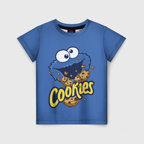 Детская футболка 3D с принтом Cookies , 100% гипоаллергенный полиэфир | прямой крой, круглый вырез горловины, длина до линии бедер, чуть спущенное плечо, ткань немного тянется | cookie | cookiemonster | delicious | eat | monster | yummy | еда | коржик | куки | кукимонстр | монстр | печенье | сезам | сладости | улица | улицасезам