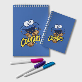 Блокнот с принтом Cookies , 100% бумага | 48 листов, плотность листов — 60 г/м2, плотность картонной обложки — 250 г/м2. Листы скреплены удобной пружинной спиралью. Цвет линий — светло-серый
 | Тематика изображения на принте: cookie | cookiemonster | delicious | eat | monster | yummy | еда | коржик | куки | кукимонстр | монстр | печенье | сезам | сладости | улица | улицасезам
