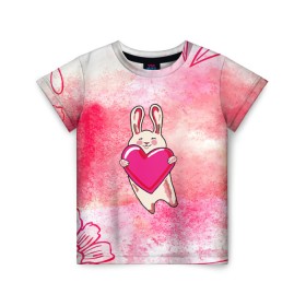 Детская футболка 3D с принтом Влюбленный Зайчик , 100% гипоаллергенный полиэфир | прямой крой, круглый вырез горловины, длина до линии бедер, чуть спущенное плечо, ткань немного тянется | Тематика изображения на принте: like | love | loveis | pink | валентин | влюбленным | женщинам | животные | зайка | зайчик | заяц | звери | каваи | кролик | лапки | люблю | любовь | мордочка | няшный | подарок | прикольный | сердечки | сердце