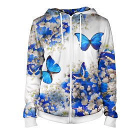Женская толстовка 3D на молнии с принтом Butterfly | Blue White , 100% полиэстер | длина до линии бедра, манжеты и пояс оформлены мягкой тканевой резинкой, двухслойный капюшон со шнурком для регулировки, спереди молния, по бокам два кармана | butterfly | earth | flowers | forest | neon | бабочки | весенняя | весна | зелень | земля | зима | зимняя | искусство | краски | лес | летняя | лето | море | неон | океан | осенняя | природа | приятная | растения | рестение
