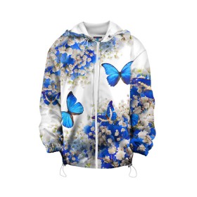 Детская куртка 3D с принтом Butterfly | Blue White , 100% полиэстер | застежка — молния, подол и капюшон оформлены резинкой с фиксаторами, по бокам — два кармана без застежек, один потайной карман на груди, плотность верхнего слоя — 90 г/м2; плотность флисового подклада — 260 г/м2 | Тематика изображения на принте: butterfly | earth | flowers | forest | neon | бабочки | весенняя | весна | зелень | земля | зима | зимняя | искусство | краски | лес | летняя | лето | море | неон | океан | осенняя | природа | приятная | растения | рестение